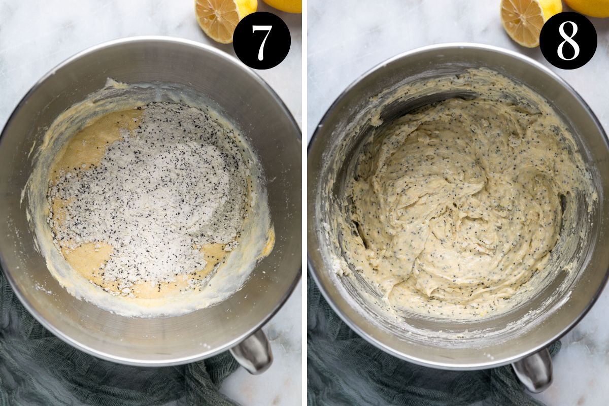 dry ingredients being mixed into cake batter in a bowl.