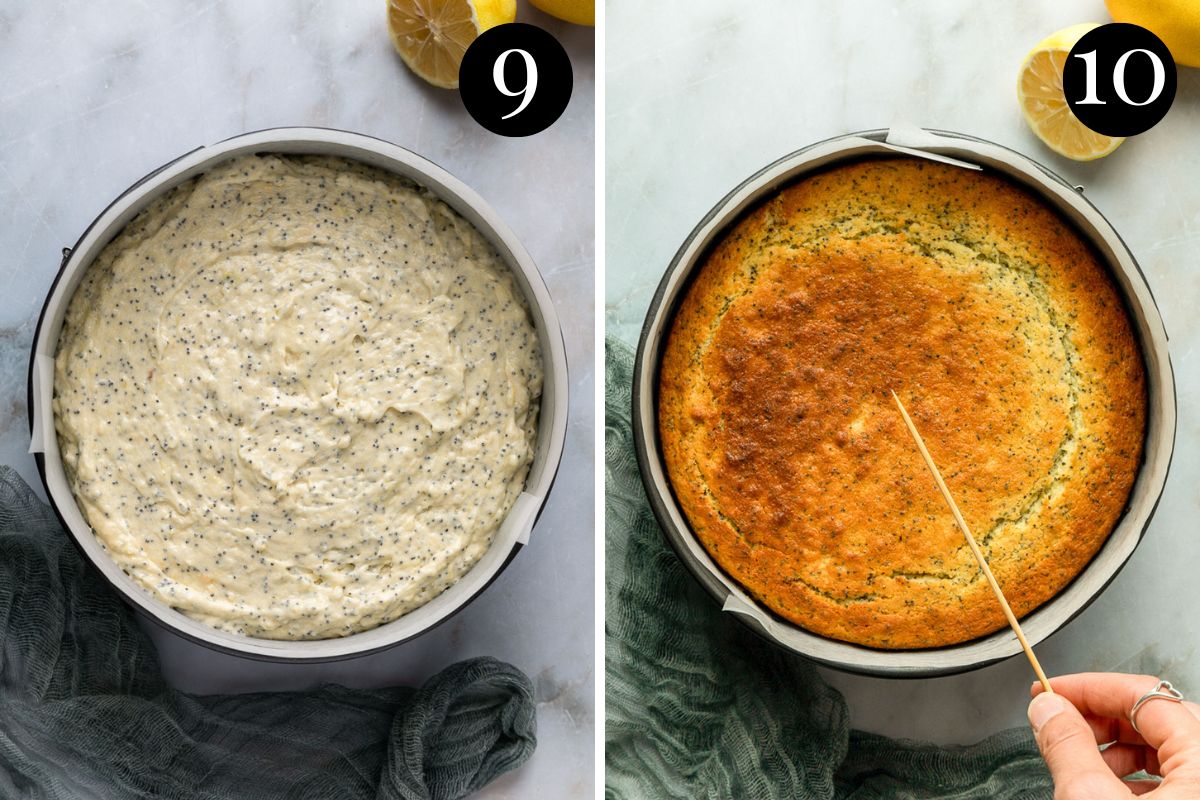 side by side images of cake batter in a baking tin, and the finished cake.