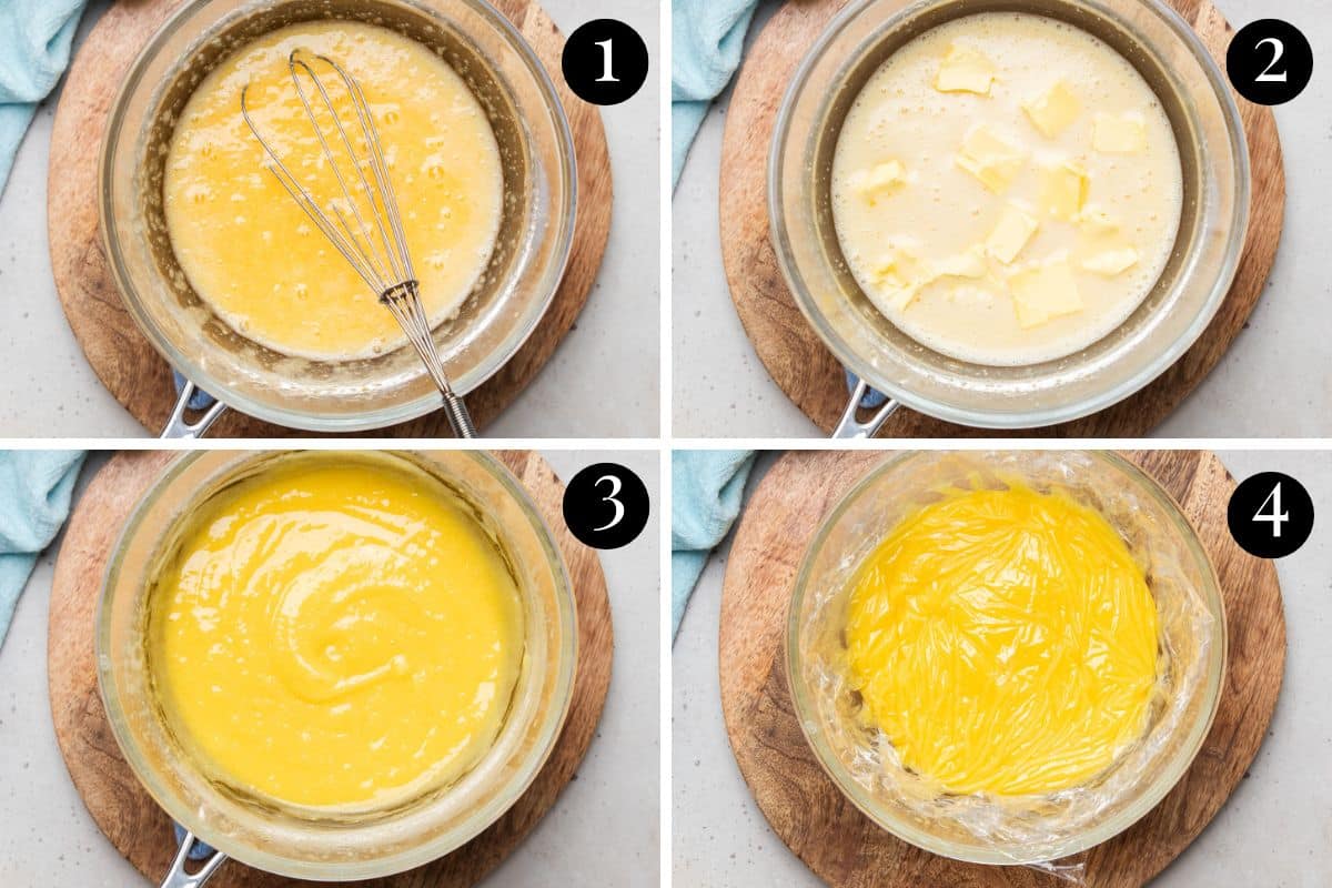 lemon curd being made in a bowl over a saucepan.