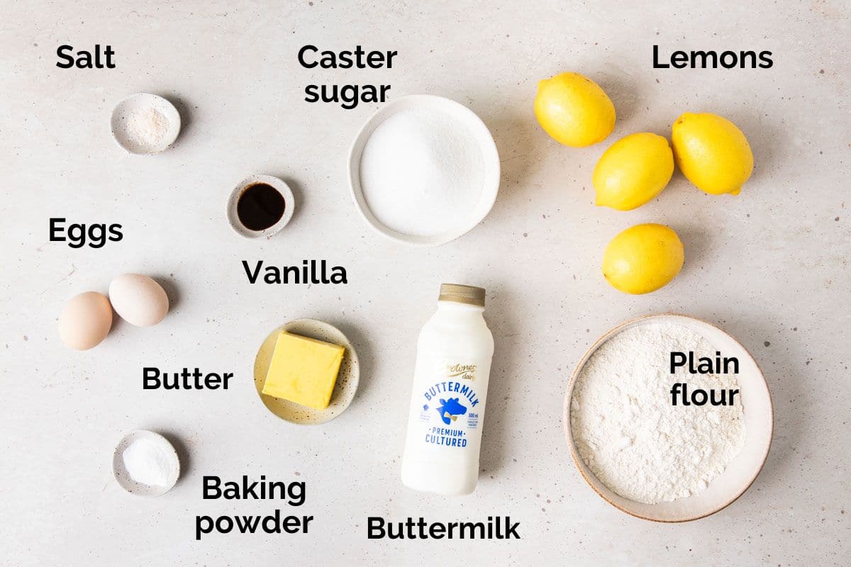 ingredients for lemon meringue cupcakes, laid out on a table.