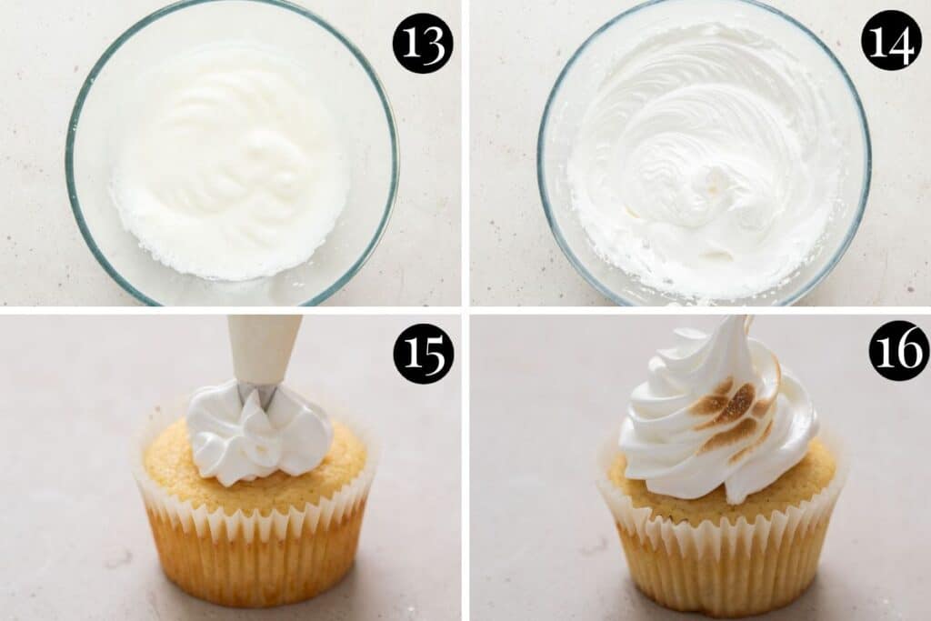 meringue being piped over a cupcake and toasted with a kitchen blowtorch.