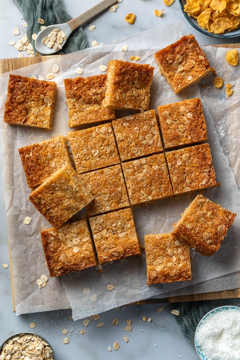 corn flake slice, cut into squares and arranged on a board.