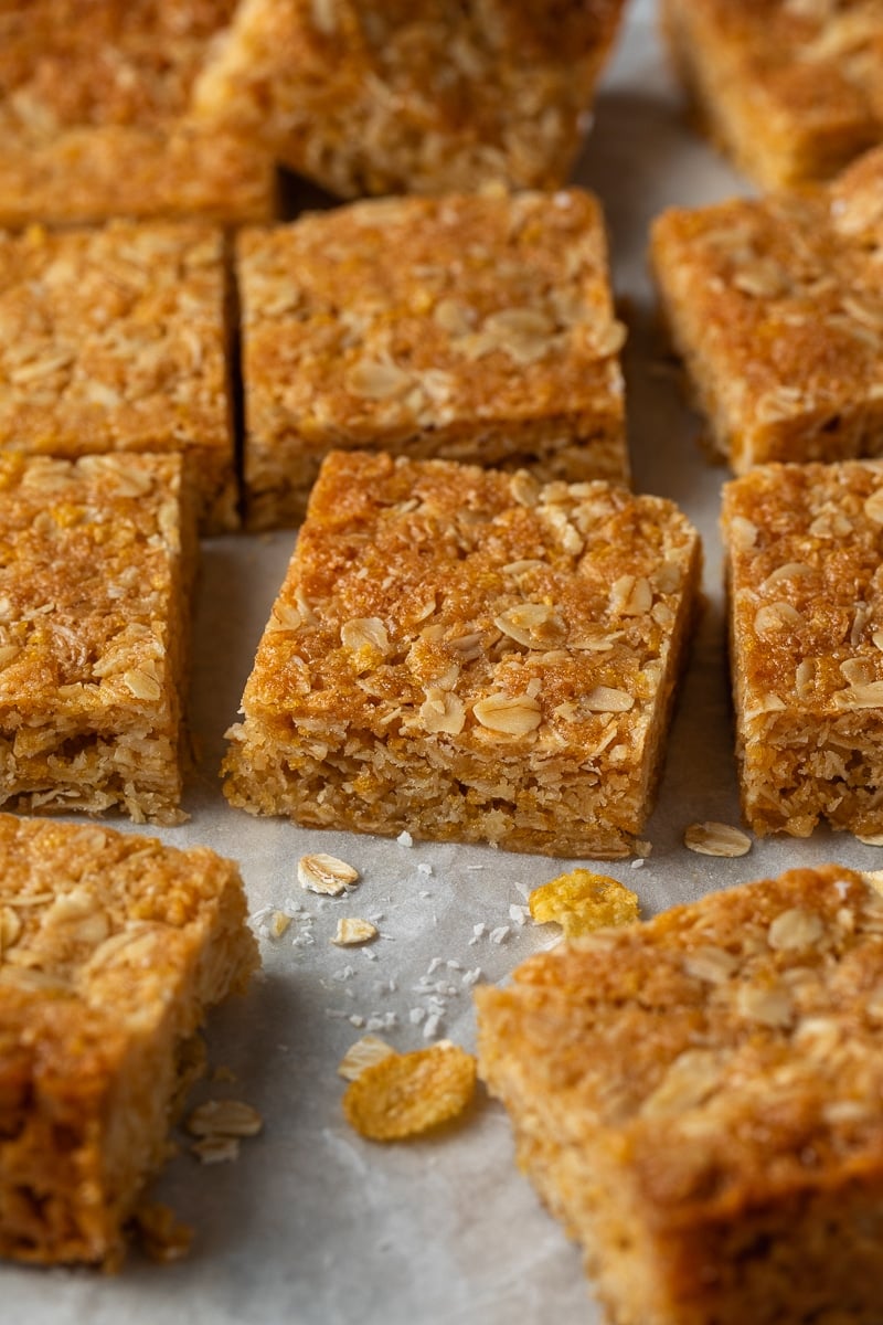 cornflake slices, cut into squares and arranged on baking paper.