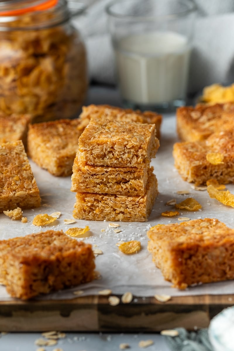 corn flake slices arranged on a board.
