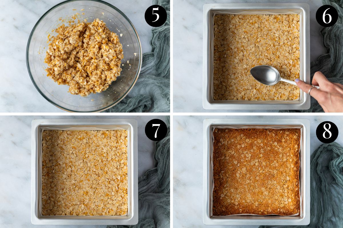 step by step images of the slice mixture being pressed into a baking tin and the finished slice.