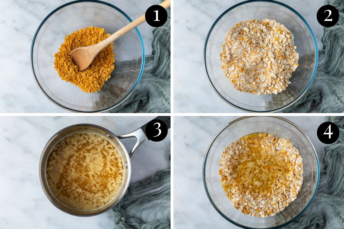 wet and dry ingredients being combined in a bowl.