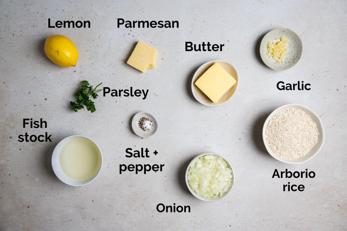 ingredients for prawn risotto, laid out on a table.