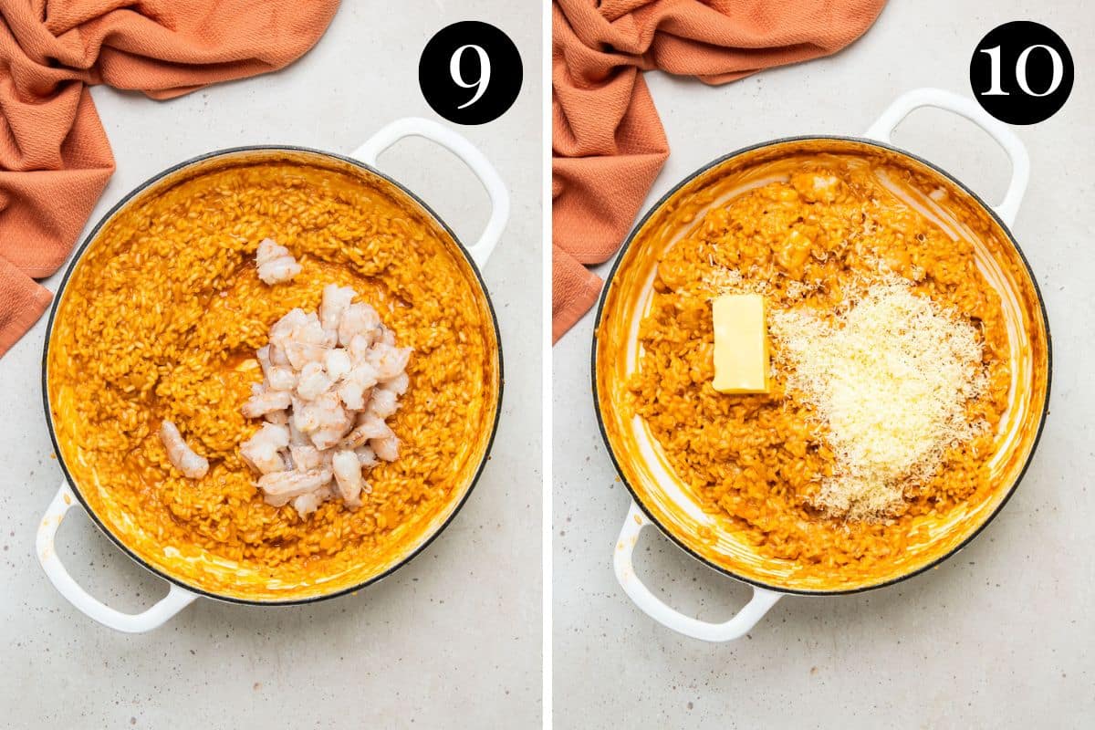 prawn meat, parmesan and butter being added to pan.