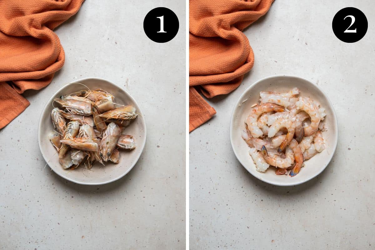 a bowl of prawn heads and a bowl of peeled prawns.