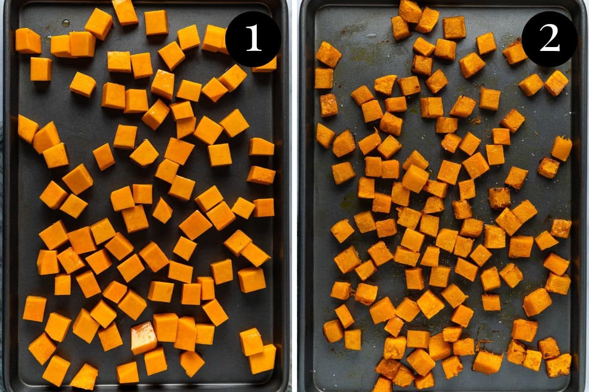 roasted pumpkin on a baking tray.