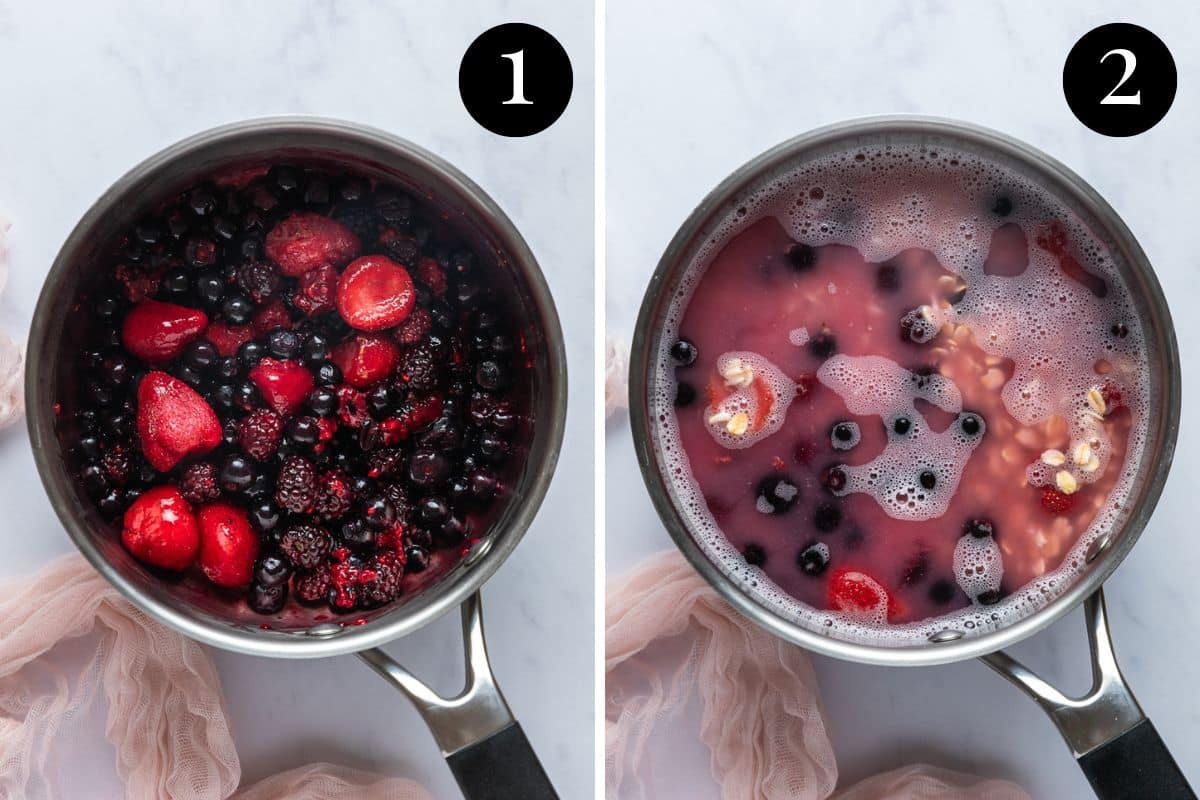 berries and oats cooking in a pan.