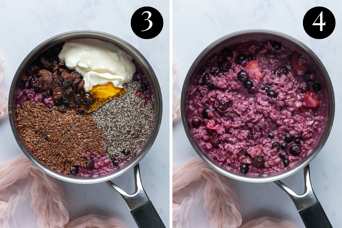 berry porridge ingredients mixed together in a pan.