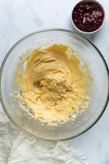 biscuit mixture in a glass bowl.