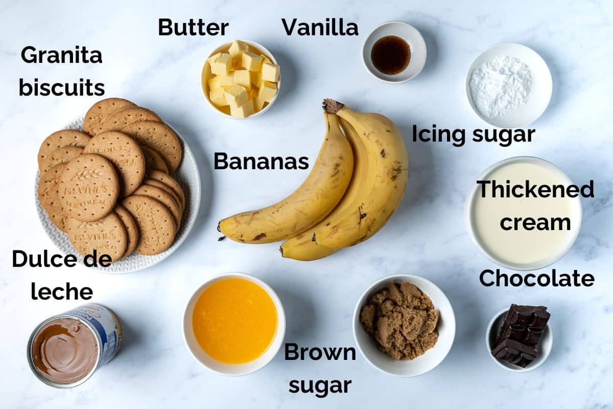 all ingredients for banoffee pie, laid out on a table.