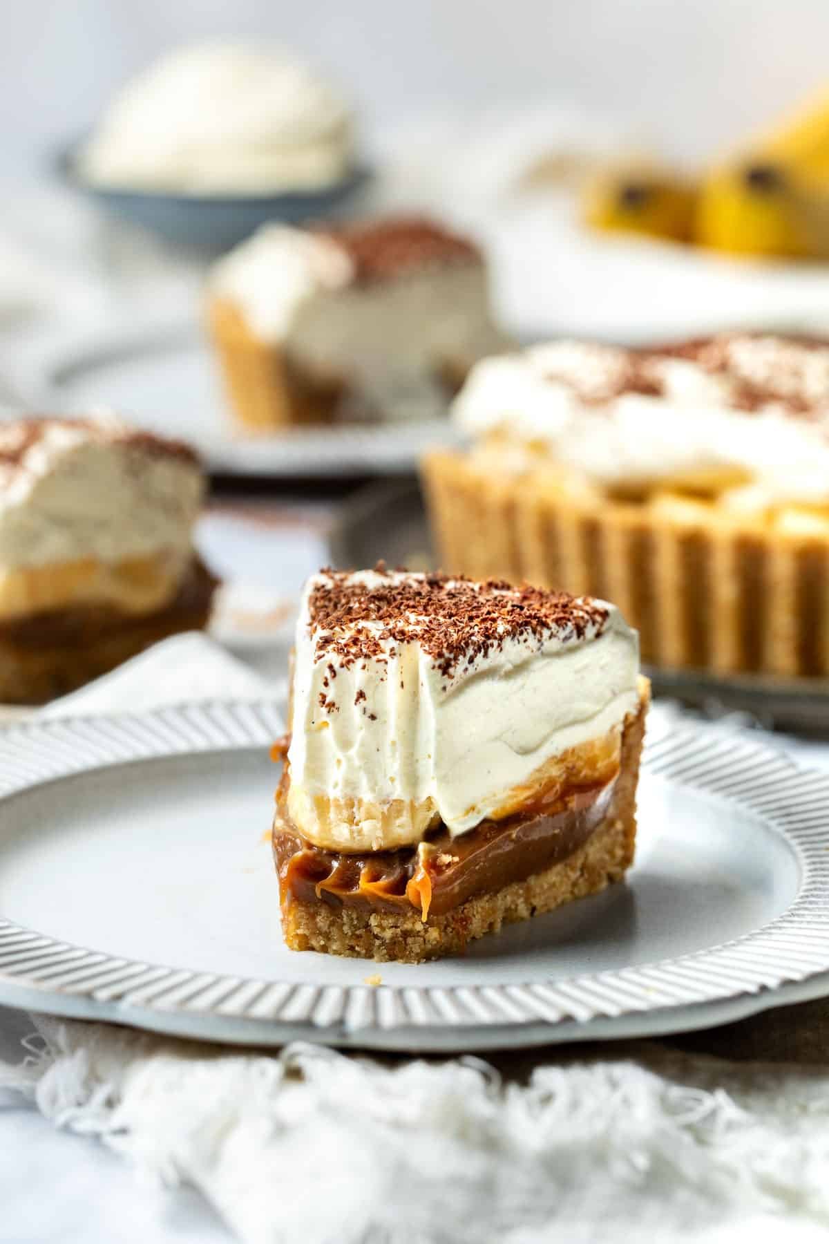 a slice of banoffee pie on a plate. 