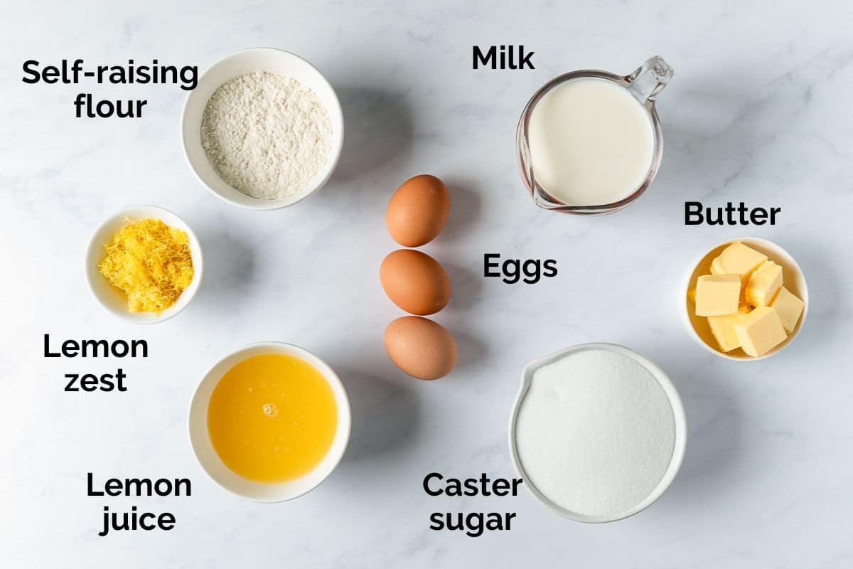 all ingredients for lemon delicious pudding, laid out on a table.