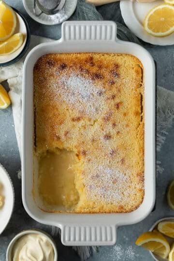 finished lemon delicious pudding in a baking dish.