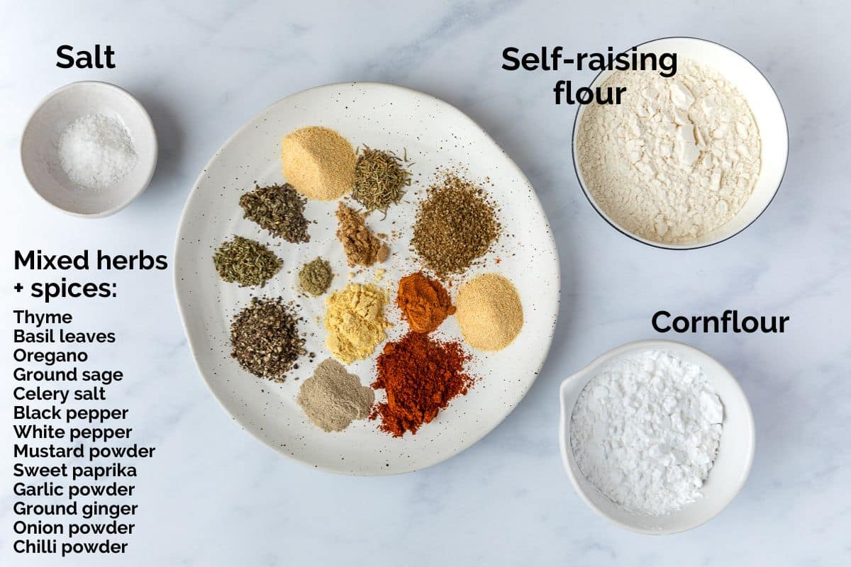 ingredients for fried chicken seasoning mixture, laid out on a table.