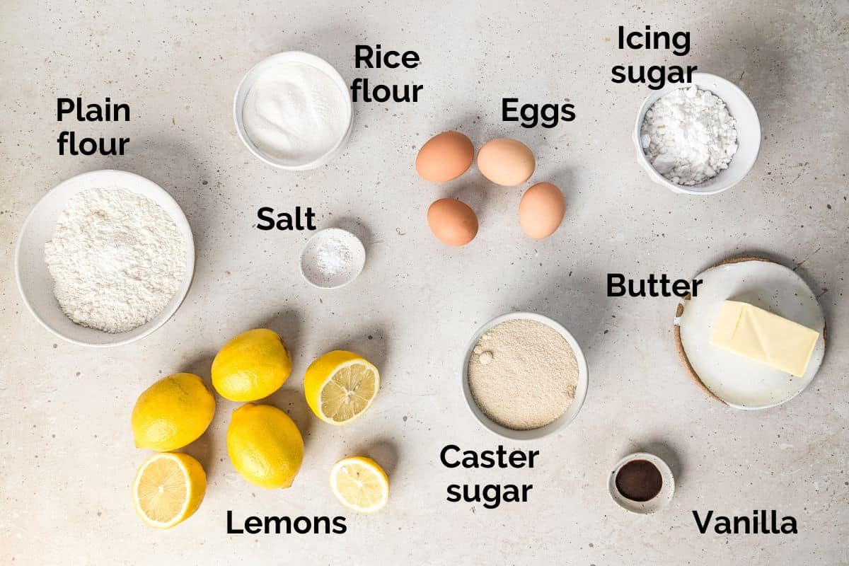 all ingredients for lemon curd slice, laid out on a table.