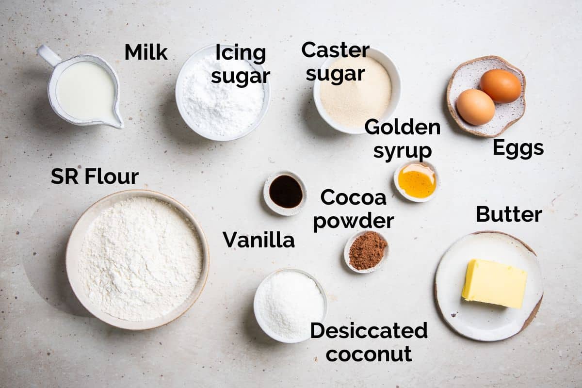 all ingredients for chocolate lamingtons, laid out on a table.