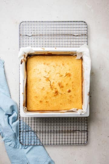 finished cake in a baking tin.