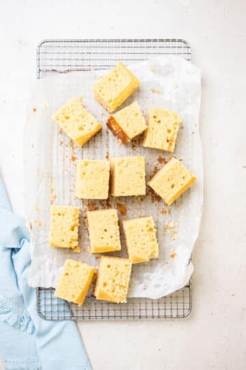 pieces of cake, cut into squares on a wire rack.