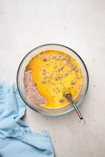 ingredients for chocolate sponge pudding in a bowl.