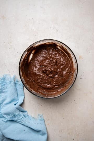 chocolate pudding batter in a bowl.